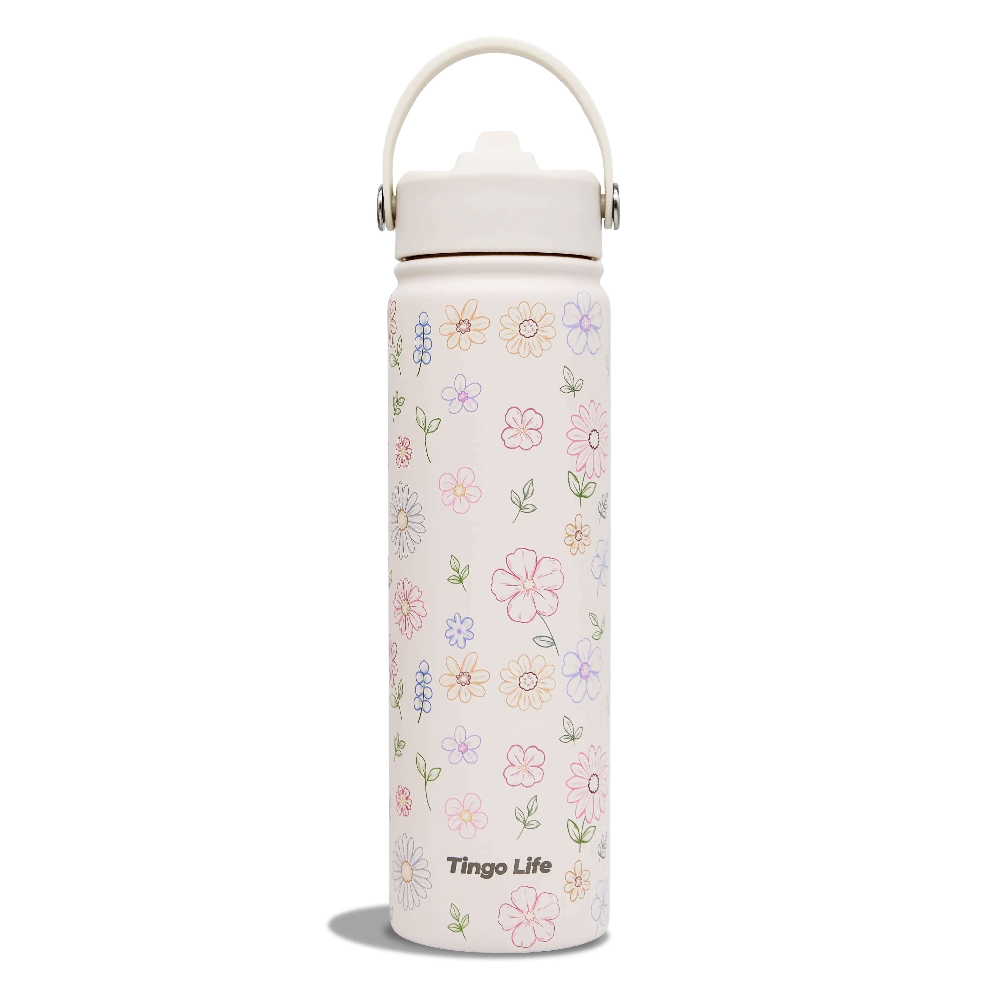 Tingo Life 25oz/32oz Insulated Stainless Steel Water Bottle with Handle & 2 Lids - Leakproof, Hand-Drawn Floral Cute Water Bottle, Matte Cream Beige, Keeps Hot/Cold 24H, Original Design Travel bottle