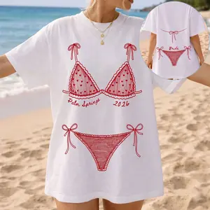 BojjiCo Custom Name Oversized T-Shirt For Women Bachelorette Party Beach Cover Up Preppy Coquette Red Bikini Graphic Tee White Cotton Funny Girls Trip Vacation Top Summer Bride Bridesmaid Trendy Novelty Custom Apparel Graphic Top