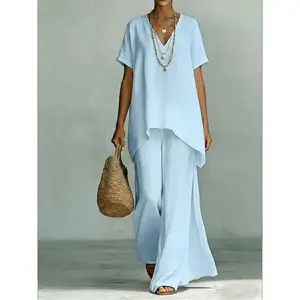 Women's Simple, Loose-Fit Linen-Blend Shirt and Wide-Leg Pants Casual Set - Women's Breathable, Cool Summer Short-Sleeve and Long-Pants Set - Women's Fashion - Street Style, Vacation, Casual, and Beachwear - Holiday Gifts for Women matching