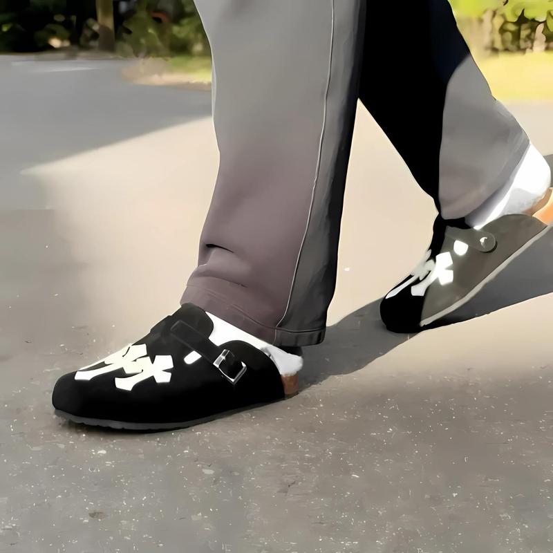 Saint Clogs Gothic Cross Buckle Clogs – Black Suede Slip-On Sandals for Men & Women | Comfortable Streetwear Shoes