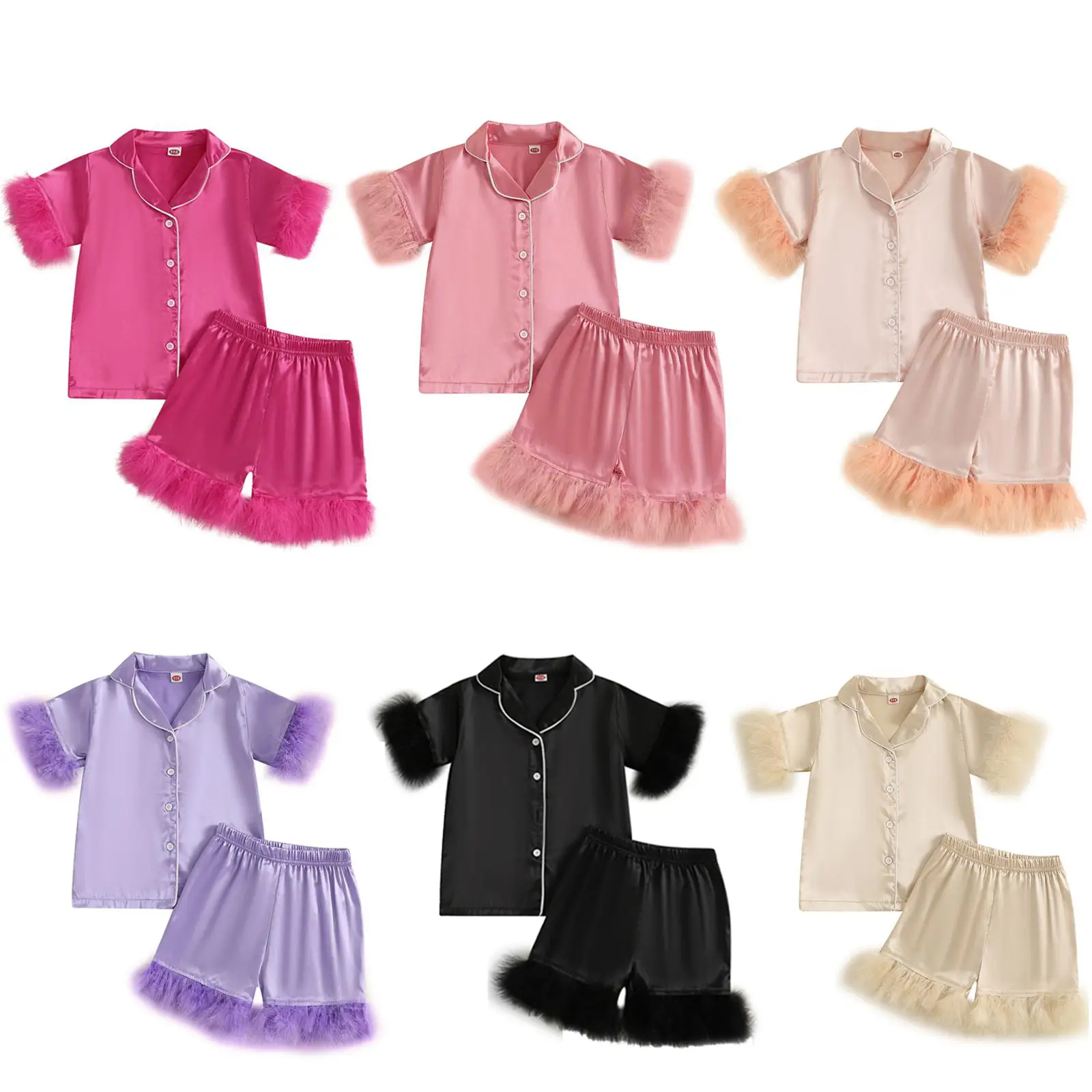 Toddler Baby Kids Satin Feather Trim Summer Pajamas Set Short Sleeve Button Down Shirt Tops Elastic Waist Shorts 2Pcs Loungwear Sleepwear Pjs