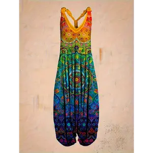Plus Size Allover Print Jumpsuit, Casual V Neck Sleeveless Jumpsuit For Summer, Women's Plus Size Clothing