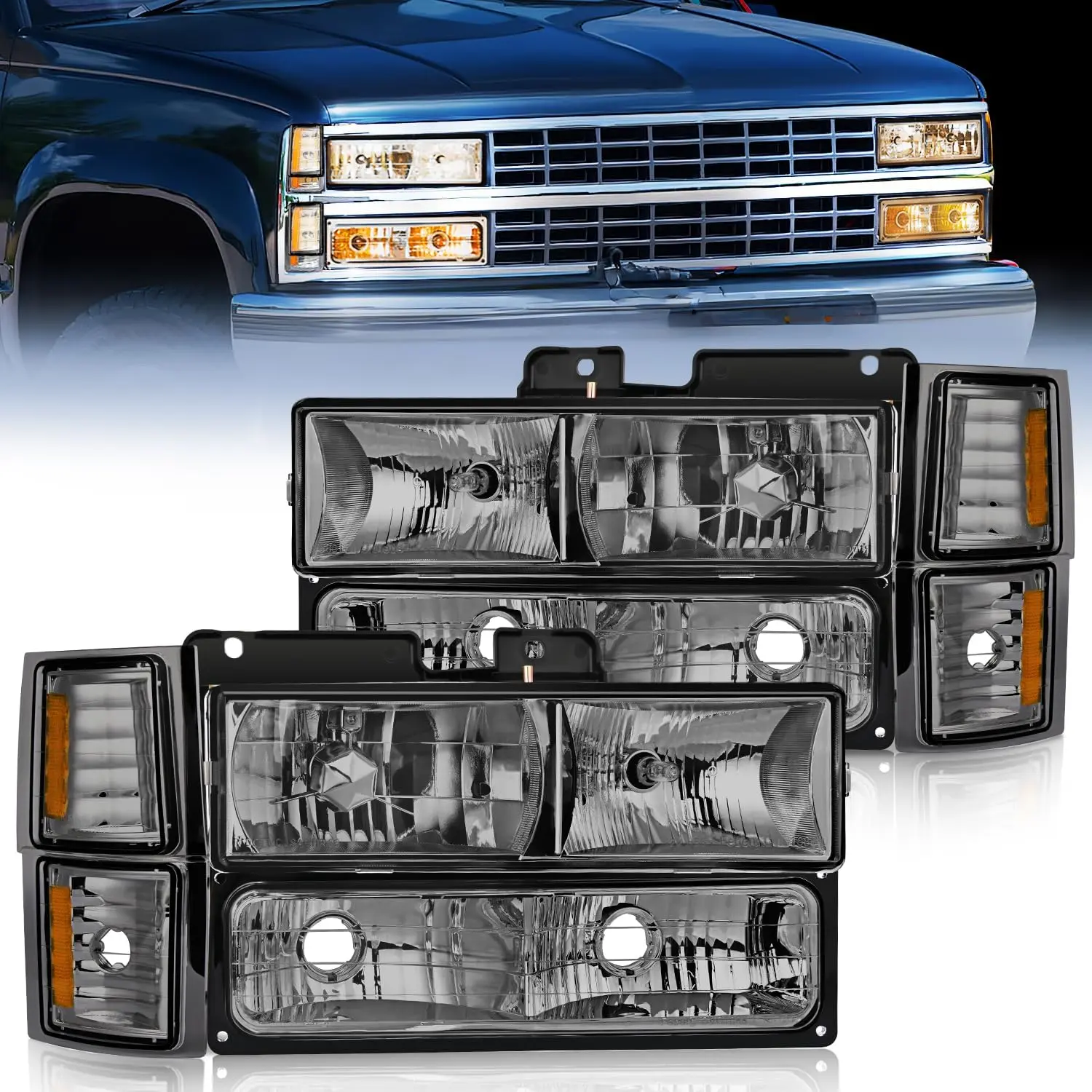 Nilight Headlight Assembly for 1994 1995 1996 1997 1998 Chevy Silverado Tahoe Suburban C10 C/K 1500 2500 3500 Replacement Headlamp Chrome Housing Amber Reflector Smkoe Lens Bumper Corner Lamp v8 raptor valance lights switchback leds, Led Car Lights, High
