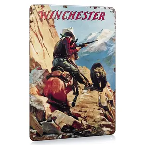 Aluminum Vintage Western Winchester Guns Sign - 8x12" Retro Aluminum Poster |     Bear, Goat & Deer Hunting Scene Decor Kitchen