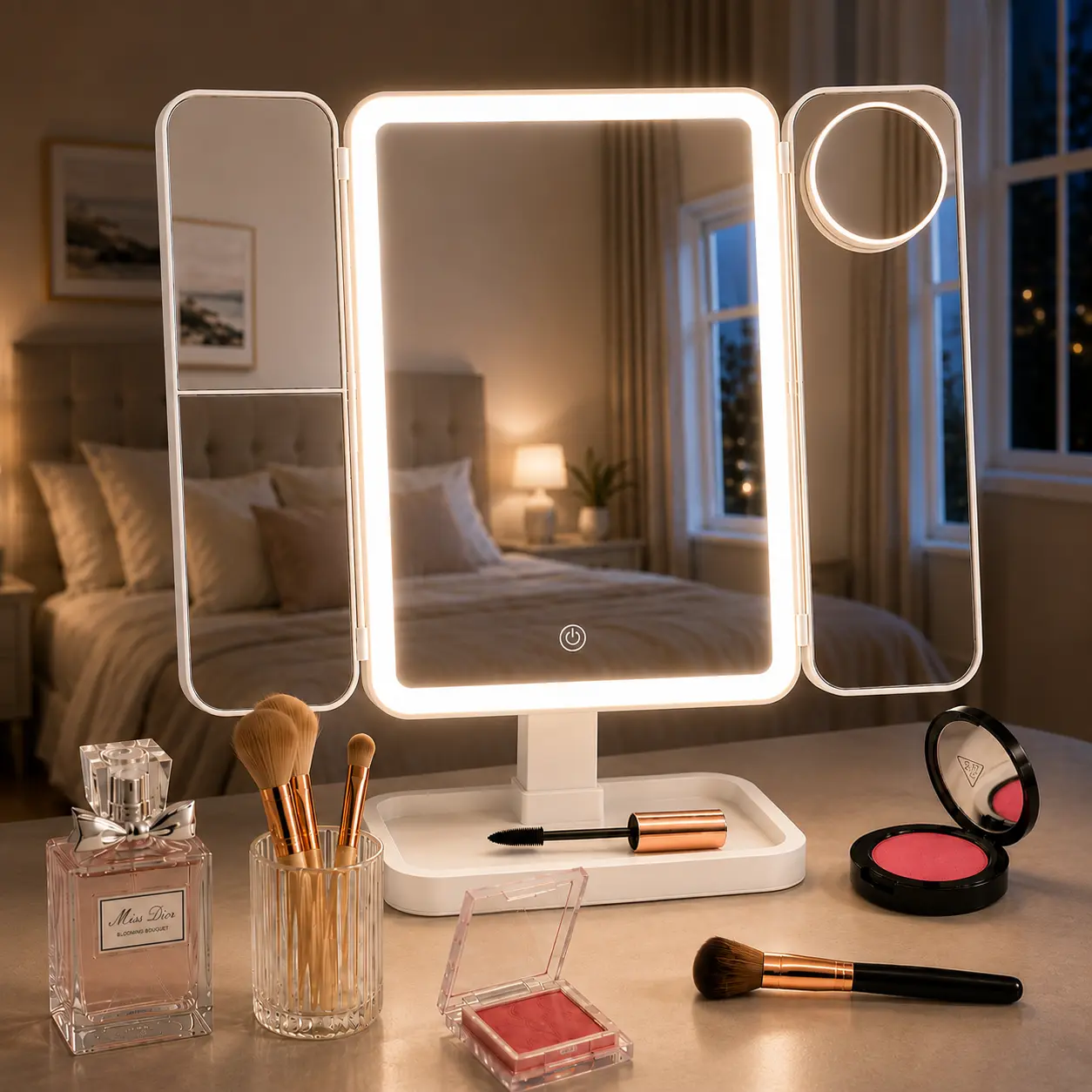 Portable LED Light Makeup Mirror 3-fold Foldable Rechargeable with 2x 3x & 10x Magnification Touch Control for Travel & Bedroom Use Decor