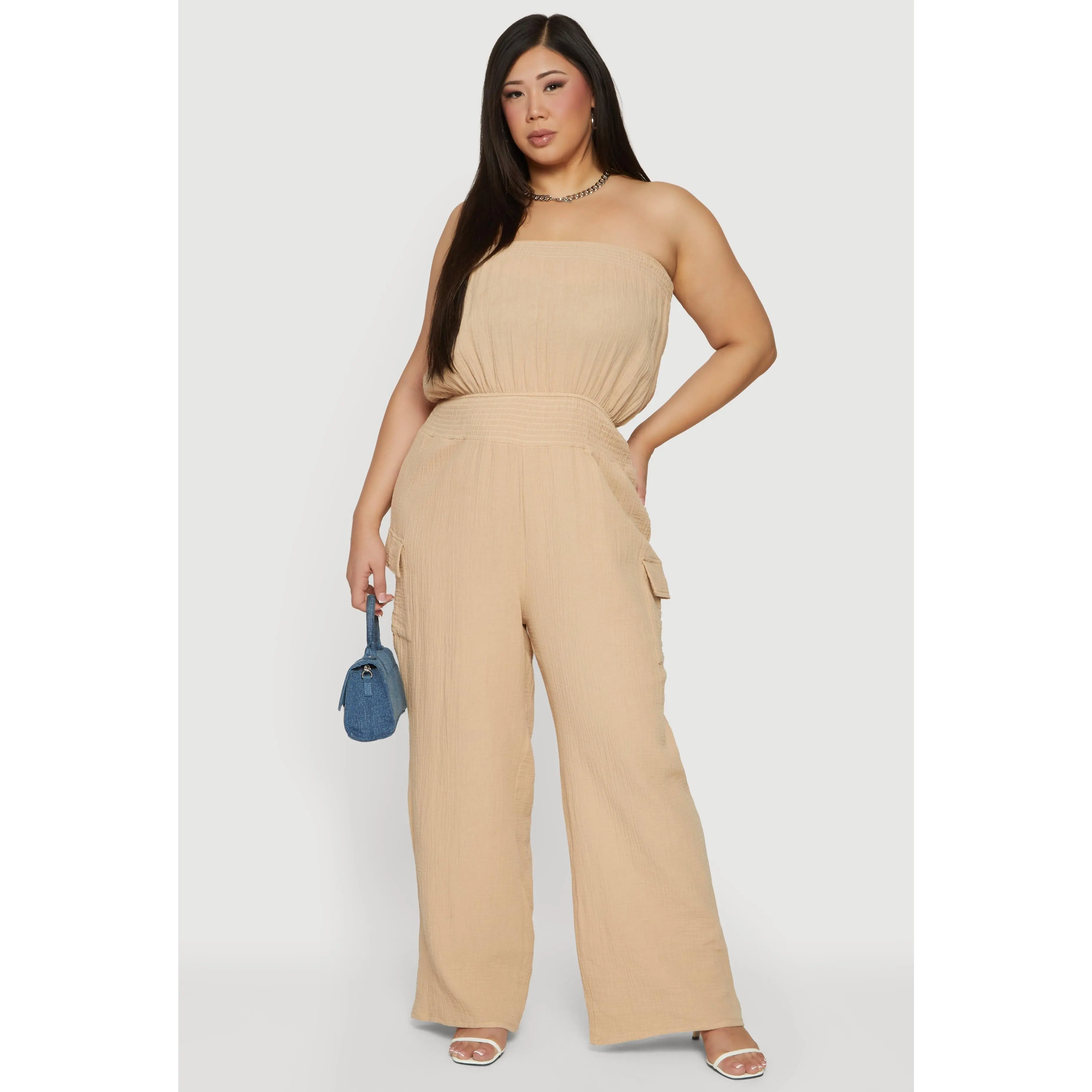 Plus Size Smock Waist Cargo Pocket Tube Jumpsuit