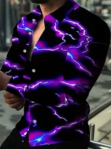 Men’s Fashion Printed Button Shirt with Unique Purple-Blue Lightning Print, Creating a Stylish Casual Look for Men, Casual Wear, Polyester Fabric, High-Quality Texture, Suitable for Gifting, Traveling