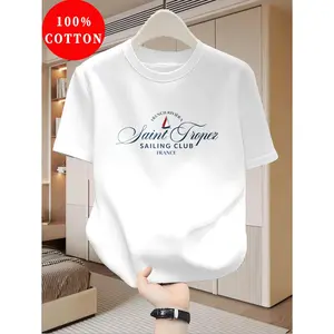 100% Cotton Men's T-Shirt, Summer Short Sleeve Lightweight Top, Trendy Slim Fit Casual Versatile Youth Base Layer Shirt, Saint Tropez Sailing Club Letter Print Minimalist Nautical Style Pattern