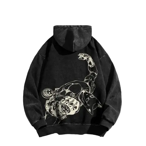 JoJo's Bizarre Adventure Killer Queen themed American-style washed hooded sweatshirt Long Sleeve Cotton Unisex Vintage Hoodie