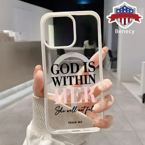 "God is within her" Pattern Magnetic Phone Cover for iPhone Series, Anti-Drop Shockproof Non-Slip Silicone Transparent Acrylic Case with Protection, Scratch-Resistant Wireless Ready Accessory for iPhone 17,16,15,14 Pro Max,13,12,11,XR,XS,Plus,E