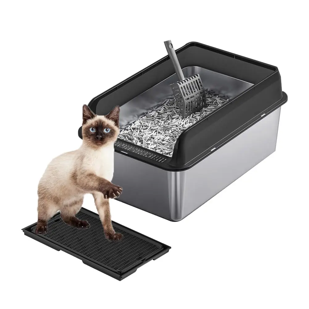 XL Stainless Steel Cat Litter Box with Lid – 8" Deep, Leak-Proof, Non-Stick – Easy Clean, Anti-Splash – Includes Mat & Scoop – Large Covered Cat Toilet for Cats & Kittens