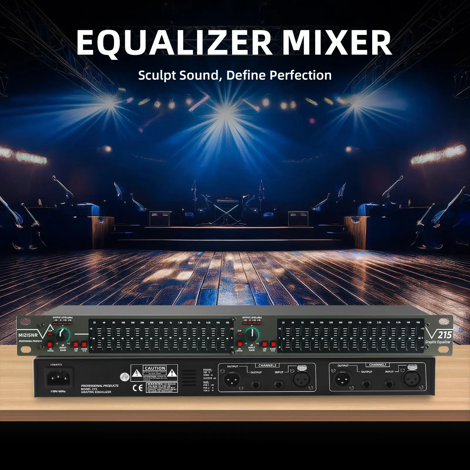 1U Rack Mount 15-Band Adjustable User-Friendly Stereo Graphic Equalizer (EQ-215), Professional Dual Channel DJ EQ with TRS/XLR Inputs, Low-Cut Filter, Noise Reduction for Home Audio