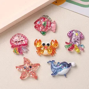 6/12pcs Shiny Ocean Animal Set, Colorful Resin Starfish, Crab, Jellyfish, Dolphin with Rhinestones, DIY Jewelry & Home Decor