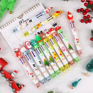 6/12 pieces Christmas color round pen 6 in 1 pen, telescopic pen Santa Claus reindeer round pen, very suitable for Christmas party (style random)