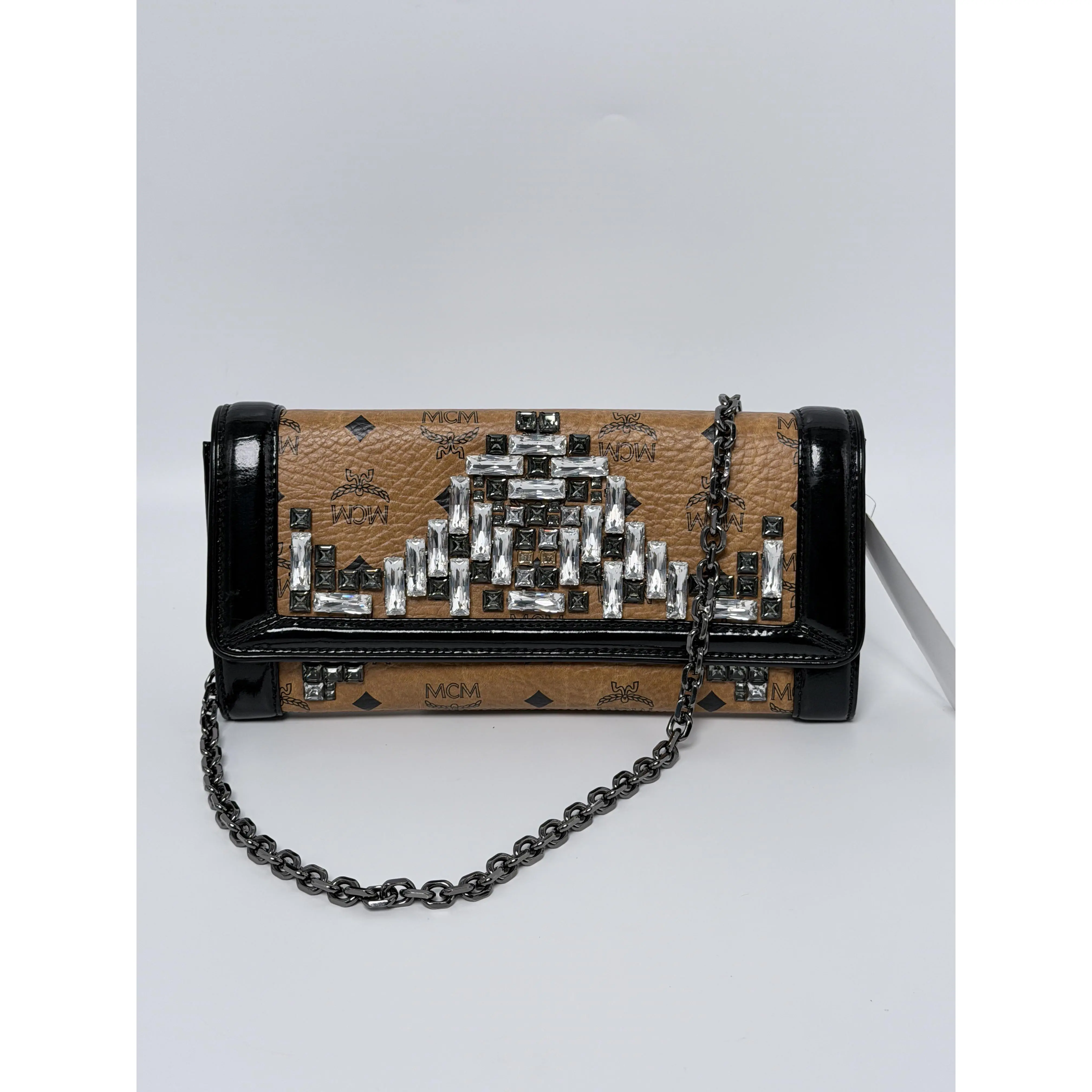Pre-owned MCM leather Shoulder Bags Visetos Crystal Studded Flap Shoulder Bag ZS003MCM
