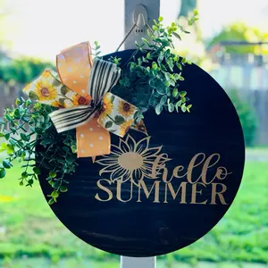 Hello Summer Wooden Door Hanger with Sunflower Bow and Greenery for Outdoor Decor
