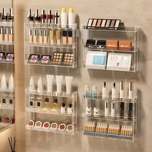 Acrylic Wall-Mounted Display Shelf, Three-Tier Storage Rack, No-Drill Makeup Organizer, Multi-Layer Cosmetic Holder, Living Room Cabinet