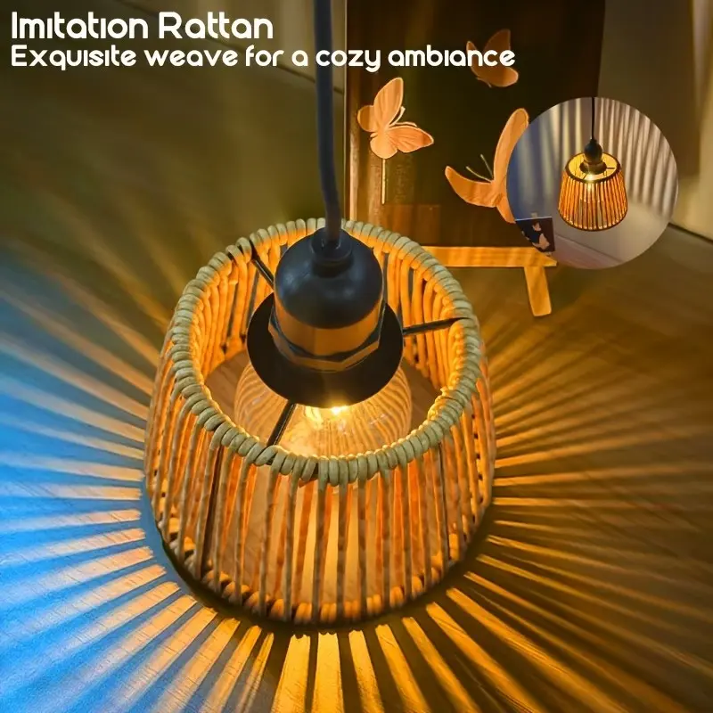 Handcrafted Rattan Pendant Lamp, Modern Bohemian Style, Outdoor Decorative Lamp, with Timer Function and IP44 Outdoor Rating, Suitable for Living Rooms, Bedrooms, Balconies and Courtyards, Battery-powered for Cordless Installation (Batteries Not Included)