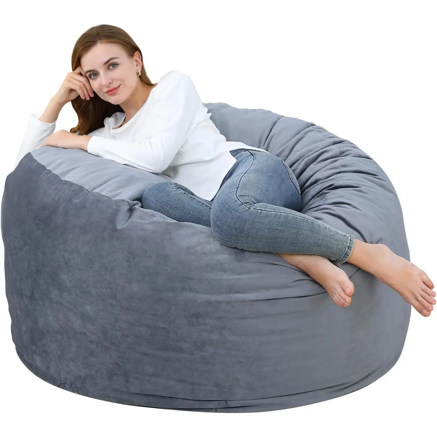 48 Inch Big Huge Giant Bean Bag Chair, Cozy Lazy Sofa with Memory Foam Fillings, Plush Velvet Machine Washable Cover for Adults/Kids, Grey