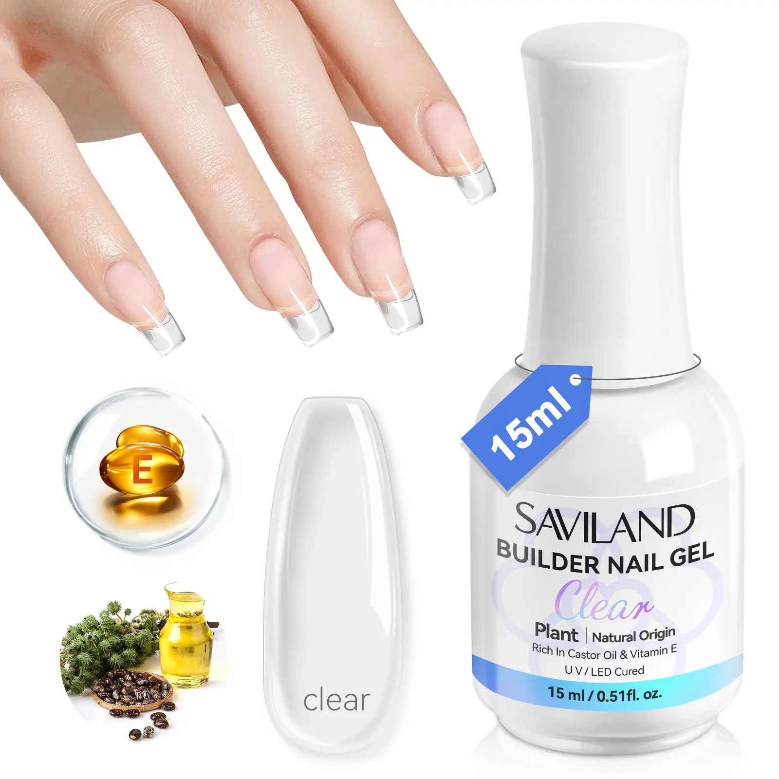 SAVILAND Clear Builder Nail Gel: 8-in-1 Formula Vitamin E Castor Oil Acts Nail Strengthener Extension Gel Base Gel Rhinestone Glue for Flawless Nails