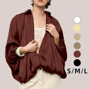 Women's Puffed Bomber Jacket Oversized Lapel Collar Streetwear Coat Long Casual Batwing Sleeve Zip Pleated Shirts Outerwear Loose Minimalist Fashion