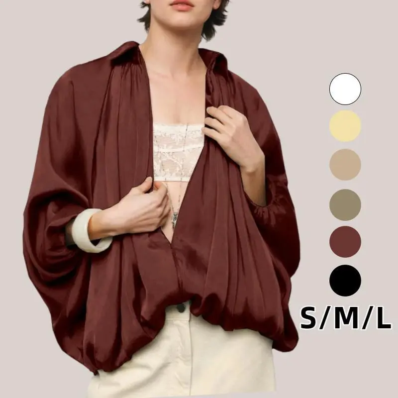 Women's Puffed Bomber Jacket Oversized Lapel Collar Streetwear Coat Long Casual Batwing Sleeve Zip Pleated Shirts Outerwear Loose Minimalist Fashion