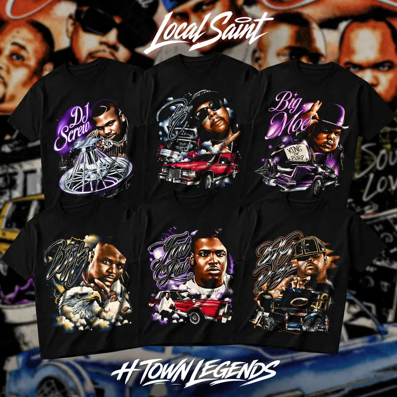 LOCALSAINT H-Town Legends Collection Heavy Cotton Unisex Graphic T-Shirt Hoodie Houston Rap Texas Screwed Up Click DJ Screw 713 Crewneck Tee, Vintage Streetwear Graphic T-Shirt Direct To Garment Breathable Print Classic