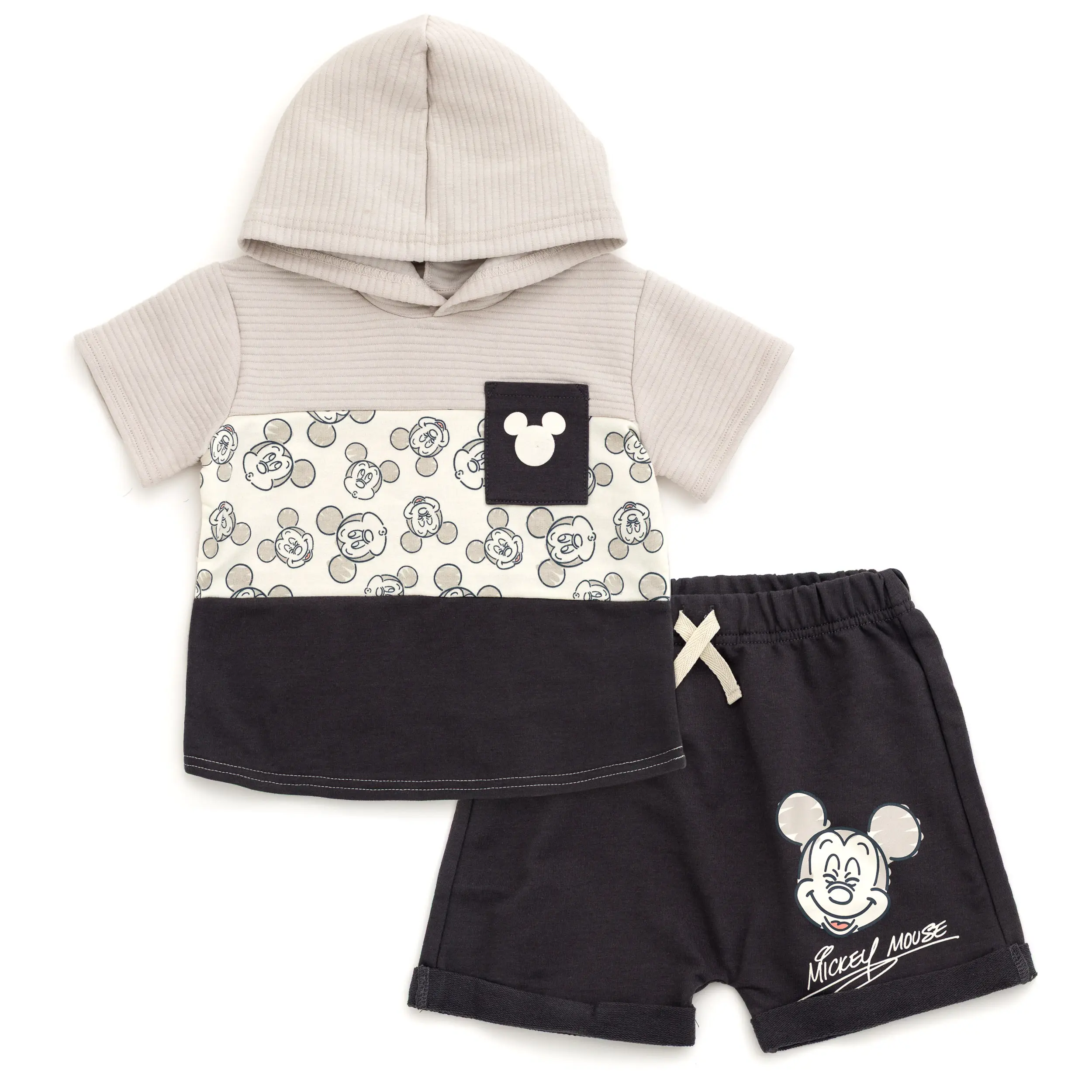 Disney Mickey Mouse Characters Allover Print Baby Boys' 2-Piece Ottoman French Terry Outfit - Hooded Tee, Snap-Closure Elastic Band Shorts, Dark Grey, Newborn-Infant (0-3 Months) for Daily Play