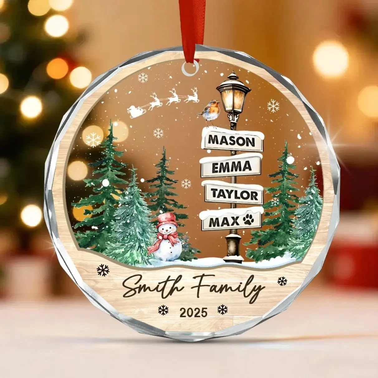 Family Names Christmas Glass Ornament 2026, Personalized Family With Pets Ornaments