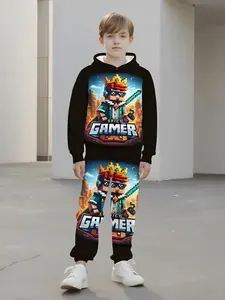 Boys' Pixel Game King Gamer Hoodie Sweatpants Set, 3D Digital Print, Long Sleeve, Slim Fit, Casual Spring & Fall Wear