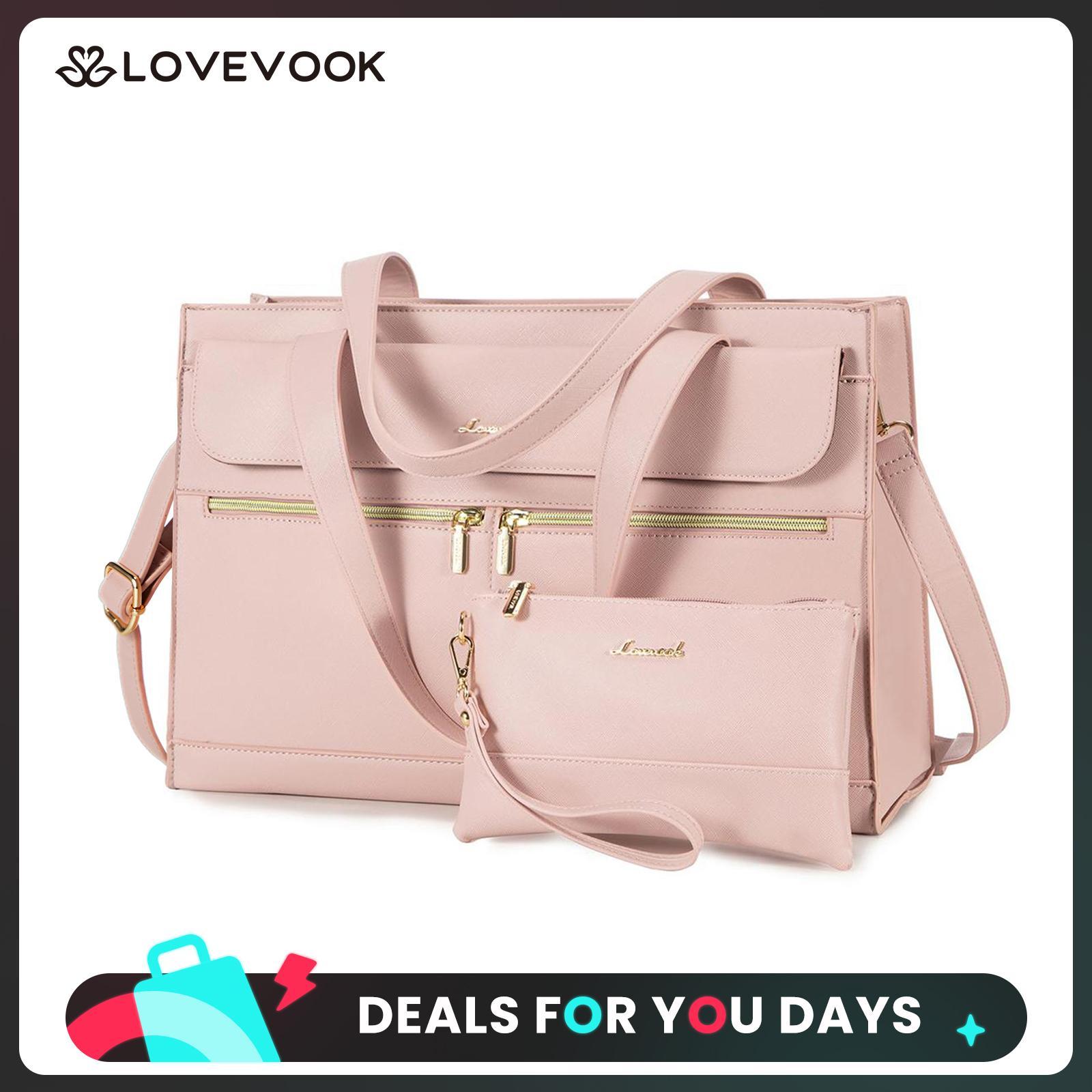LOVEVOOK Laptop Tote Bags 15.6-17.3 inches for Woman with Clutch Purse, Large Business Teacher Office Crossbody Purse with 2 Cup Holder, Compact Waterproof Vegan Leather Shoulder Bags and Computer bag for Work, Office, Casual DealsForYouDays