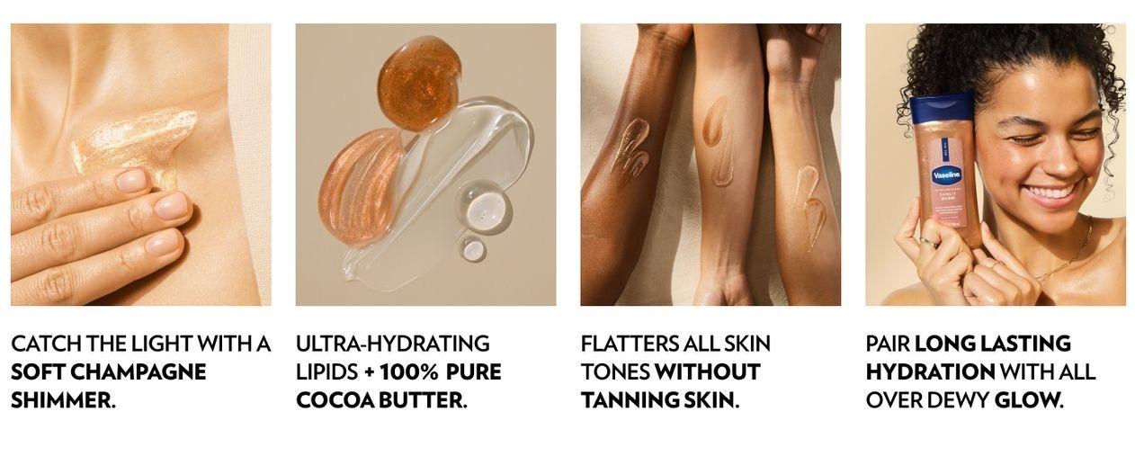 Vaseline Glazed and Glisten Sunlit Glow Body Gel Oil Vanilla Cocoa Shimmering with Ultra-Hydrating Lipids and 100% Pure Cocoa Butter, 6.8 Oz