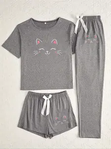 Women's 3-Piece Pajama Set with Cat Face Print, Casual Fitted Sleepwear for All Seasons, Comfortable Moderate Knit Fabric Loungewear Pjs