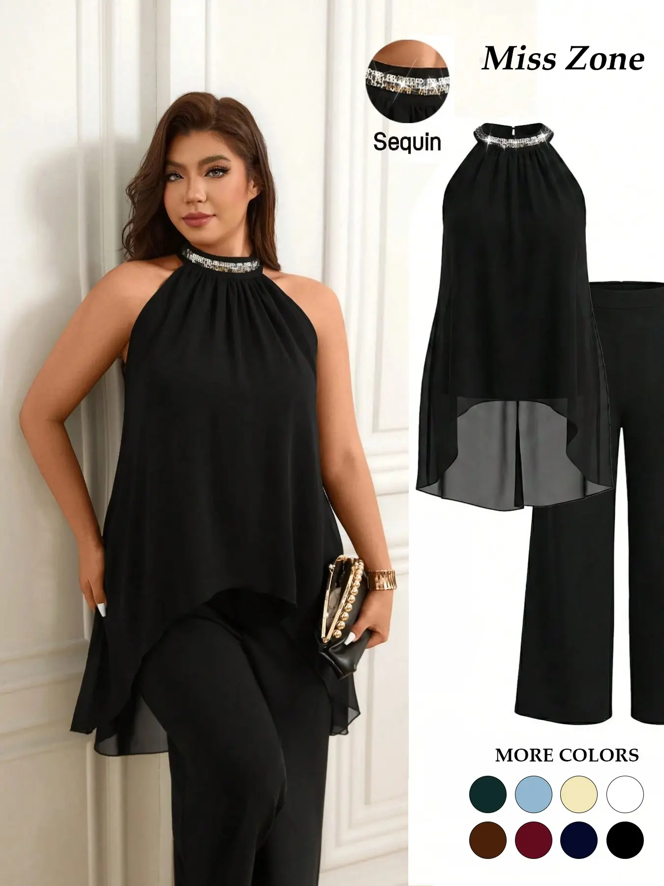 Plus Size Women's Pleated Halter Neck Sequin Patchwork 2 Pieces Set, Fit Loose High Waist Wide Leg Pants Chic Suit Clothes
