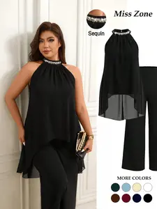 Plus Size Women's Pleated Halter Neck Sequin Patchwork 2 Pieces Set, Loose High Waist Wide Leg Pants Suit