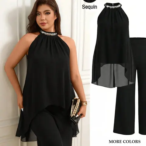Plus Size Women's Pleated Halter Neck Sequin Patchwork Evening 2 Pieces Set, Fit Loose High Waist Wide Leg Pants Trouser Chic Suit Clothes