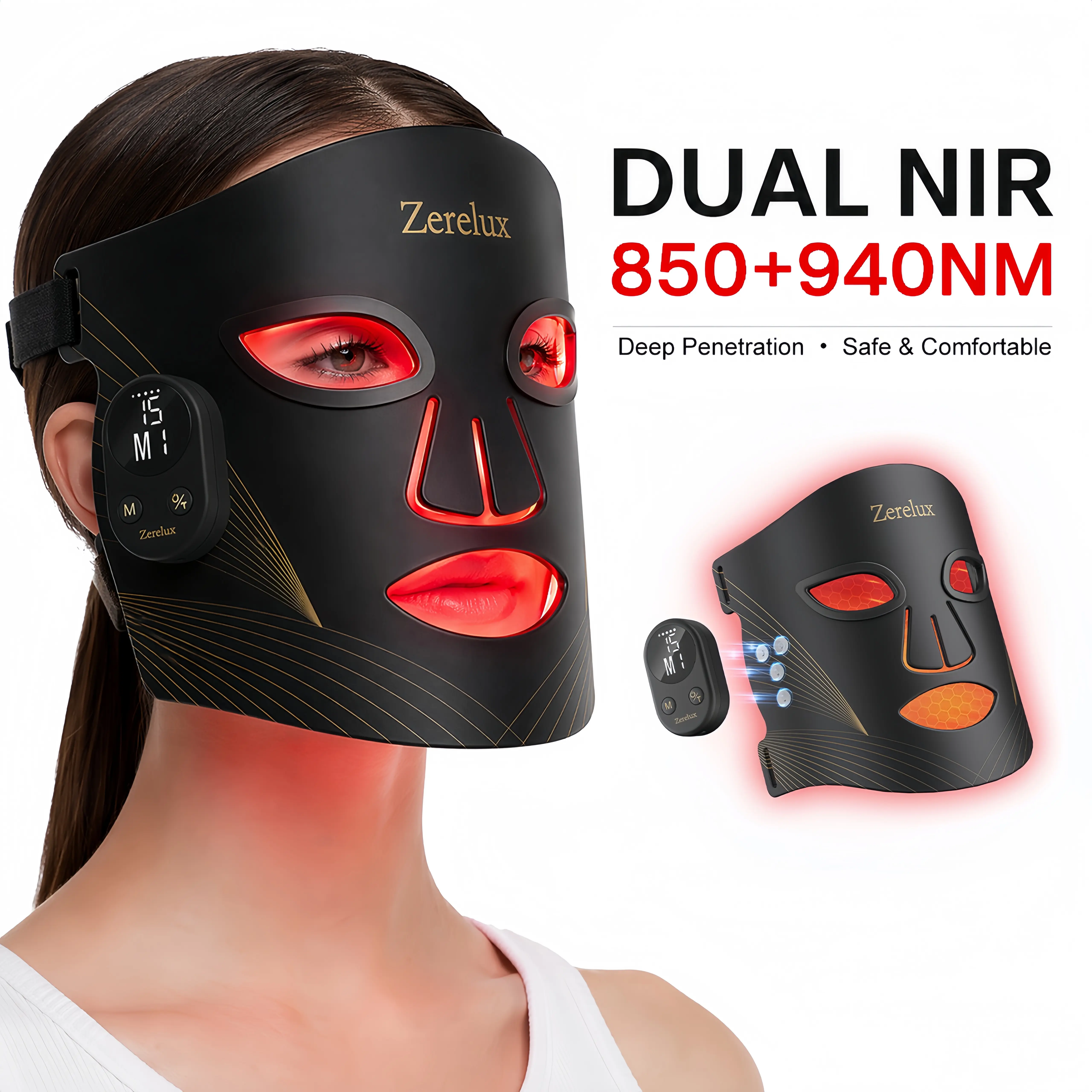 Zerelux Red Light Therapy Mask with Near-Infrared, Cordless LED Beauty Instrument for At Home Facial Skin Care, 5 Adjustment Functions, Cordless Beauty Instrument