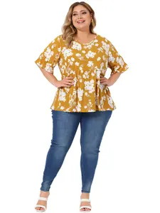 Agnes Orinda Plus Size Floral Peplum Tops V Neck Ruffle Short Sleeve Babydoll Blouses