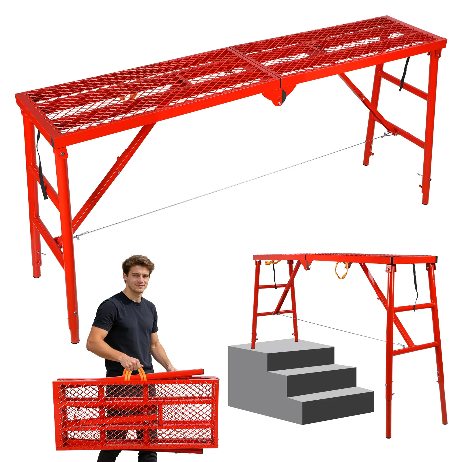 Explorinox Heavy-Duty Foldable Scaffolding Platform Folding Ladder - 1000 Lbs Capacity, 5-Level Height Adjustable Workbench, Anti-Slip Surface, Galvanized Iron Pipe, Tool-Free Assembly for RV Painting, Construction