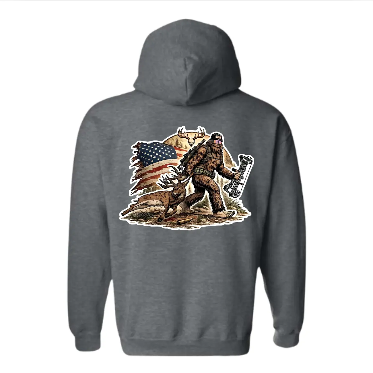 Sasquatch Archery Hunting Hoodie, Bigfoot and Whitetail Buck Graphic Sweatshirt, Rustic Outdoor Adventure Hoodie, American Hunter Gift, Cozy Unisex Pullover