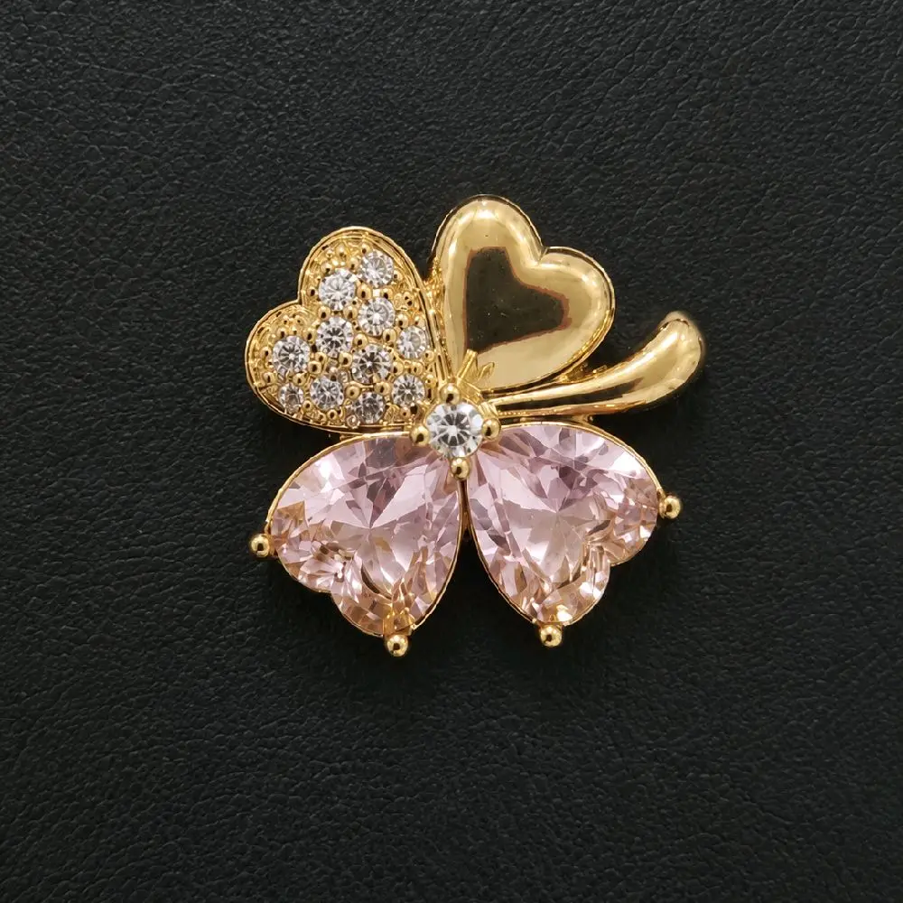 14K Gold Laminated Four-Leaf Clover Pendant with Pink Crystals & CZ Stones