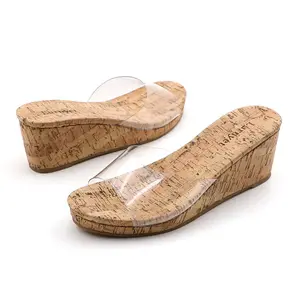 Women's Cork Platform Wedge Sandals One Band Slide Open Toe 3-inch Mid Heel Footwear Mules Girl Fashion Comfortable Slip-on Summer Casual Dressy Shoes for Beach Vacation Daily Wear