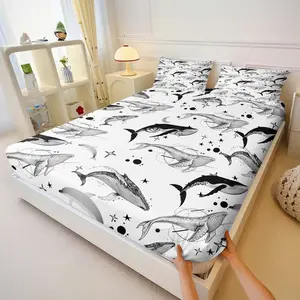 Whale Print Bed Sheet Set, Minimalist Ocean Life Sheets, Soft Breathable Microfiber Deep Pocket, Starfish Moon Nautical Decor