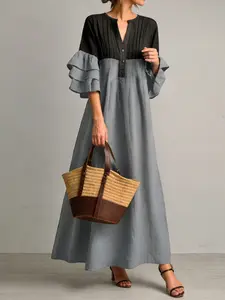 Women's Plain Color Dress, V Neck Seven-Quarter Ruffled Sleeves Patchwork Contrast Half Button Loose Fit A-Line Design, Elegance, Casual Boho Chic