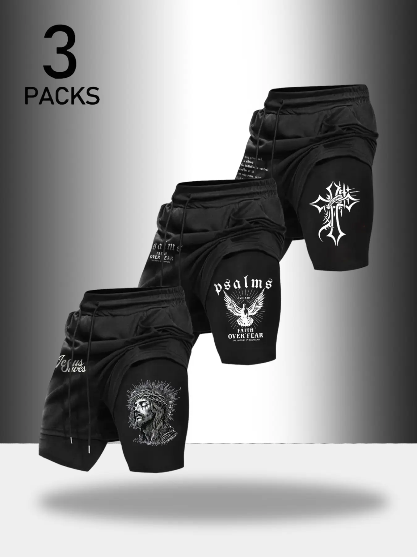 Faith Theme 3 Piece Sport Shorts, Religious Print, Uniform Style with Unique Details, Dark Religion Style, Fitness Training, Casual Wear