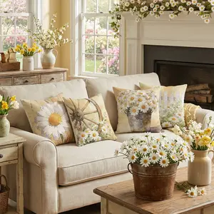 Set of 4 Decorative Spring Wreath Pillow Covers - Watercolor Daisy & Rustic Garden Scene Linen Cushion Case for Farmhouse Decor Room Bedroom Sofa Chair Car 0125YD
