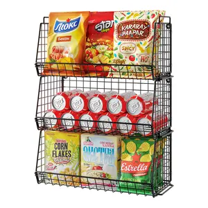3 Tier Stackable Snack Organizer Wall Mount Hanging Pantry Household Food Storage Basket with Handles Foldable Snack Rack Stand for Countertop Cabinets Kitchen