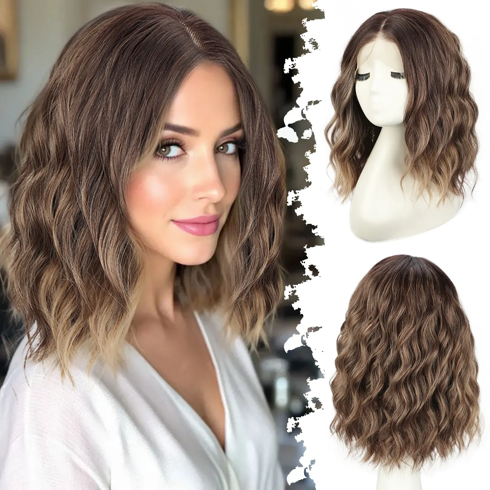 [CUIUD ]13X4 Lace Front Wigs Short Wavy Wig for Women 14Inch Ombre Brown  Curly Wavy Wigs Free Part Natural Hairline Bob Wigs Synthetic Heat Resistant Fiber Wig for Daily Party Use