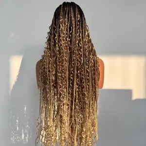 Vidalocs 36'' Full Lace Boho Knotless Braided Wig, 27/613 Blonde, Lightweight Glueless Ready-to-Go Wig with Pre-Cut Lace & Curly Ends
