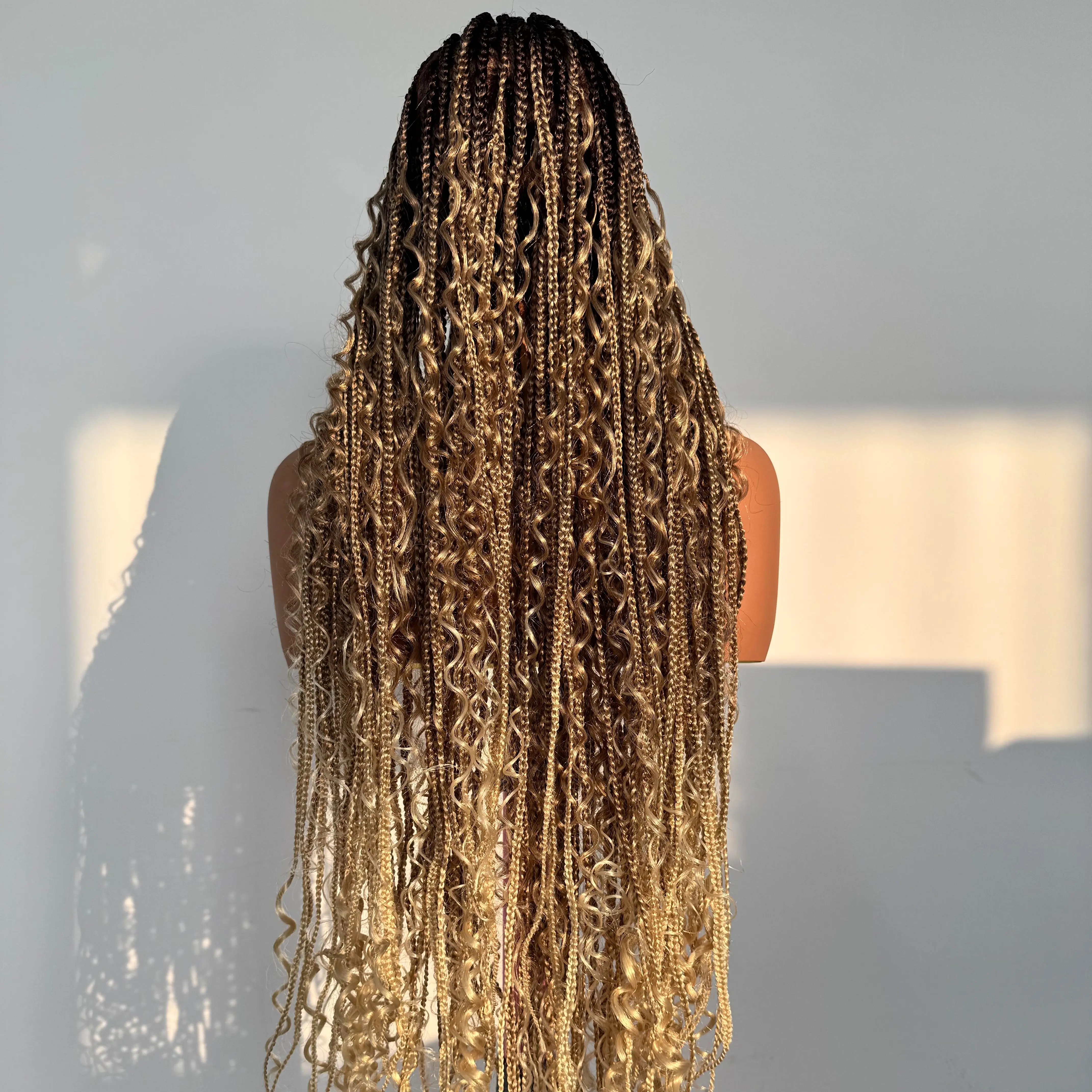 36-Inch Boho Goddess Braided Lace Wig for Women, 613/27 Blonde Knotless Braids with Curly Ends, Glueless Full Lace Synthetic Hair, Lightweight Protective Hairstyle, Boho Goddess Braids